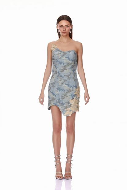 Mavi Straplez Payetli  Mini Abiye Elbise